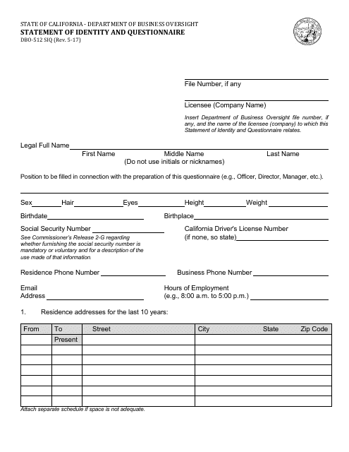 Form DBO-512 SIQ Statement of Identity and Questionnaire - California