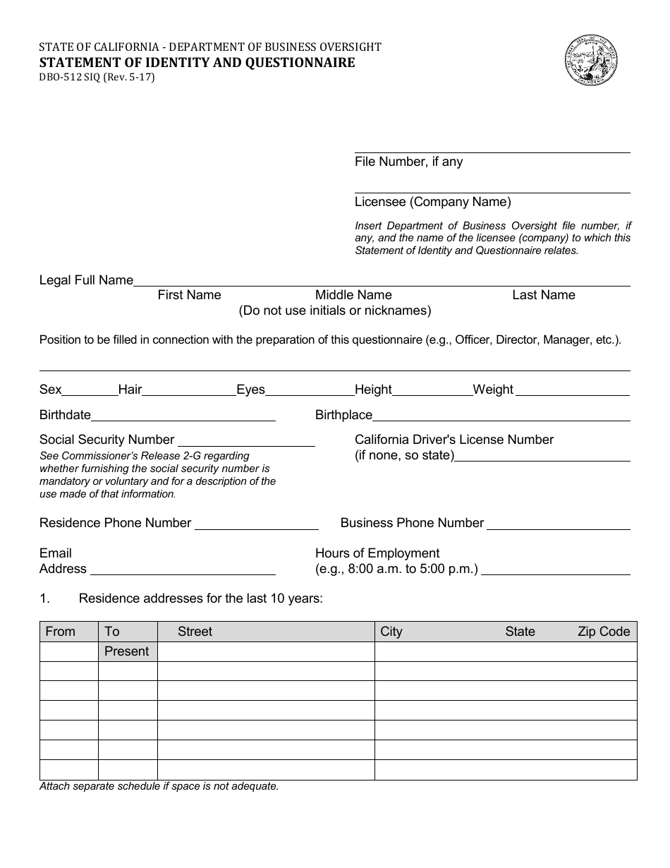 Form DBO-512 SIQ Statement of Identity and Questionnaire - California, Page 1