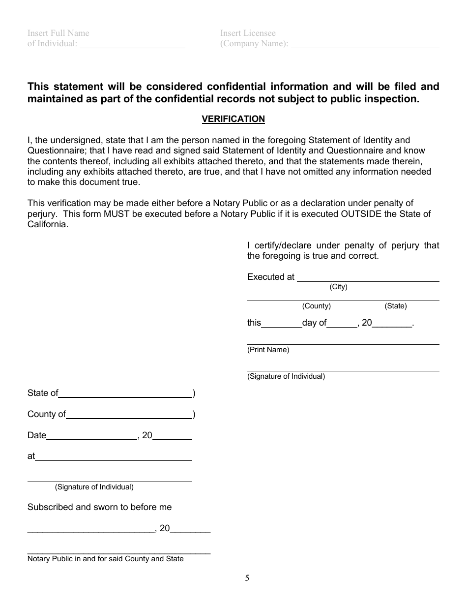 Form DBO-512 SIQ Statement of Identity and Questionnaire - California, Page 5