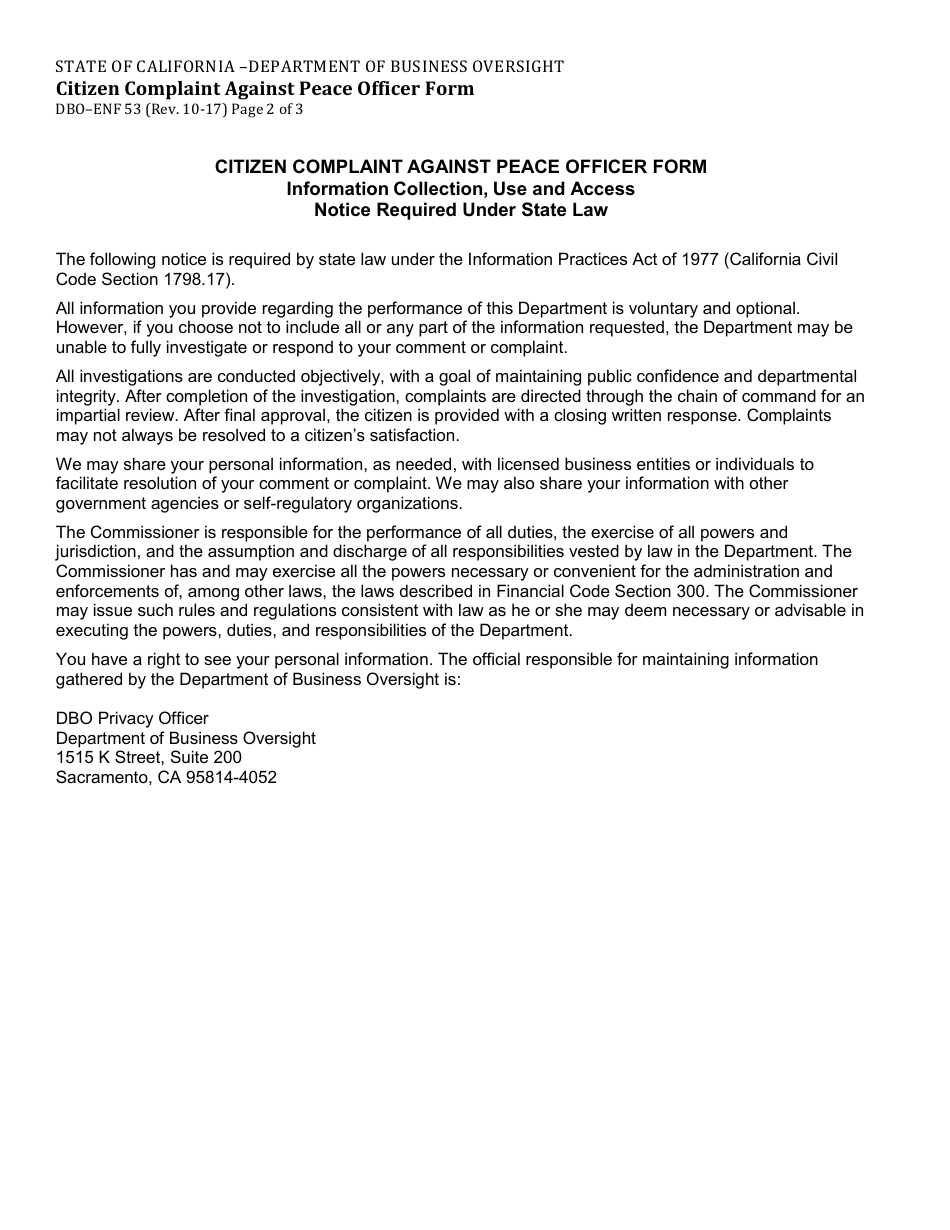 Form DBO-ENF53 Citizen Complaint Against Peace Officer Form - California, Page 2