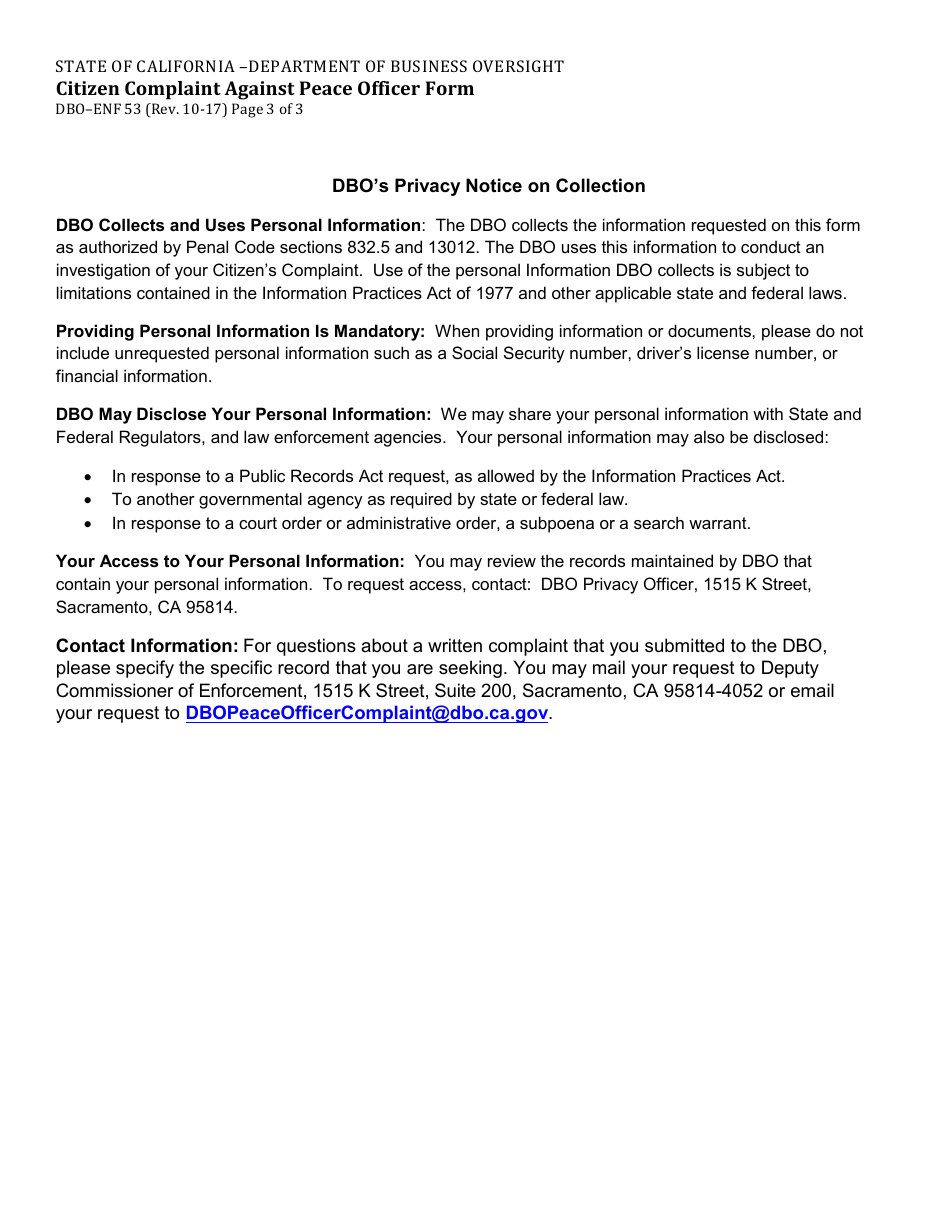 Form DBO-ENF53 Citizen Complaint Against Peace Officer Form - California, Page 3