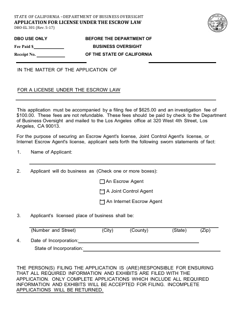Form DBO-EL301 Application for License Under the Escrow Law - California