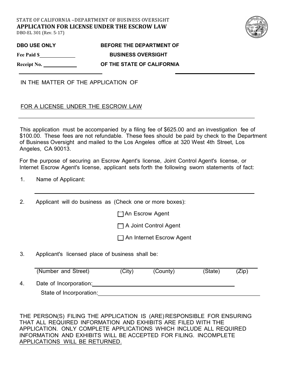 Form DBO-EL301 Application for License Under the Escrow Law - California, Page 1