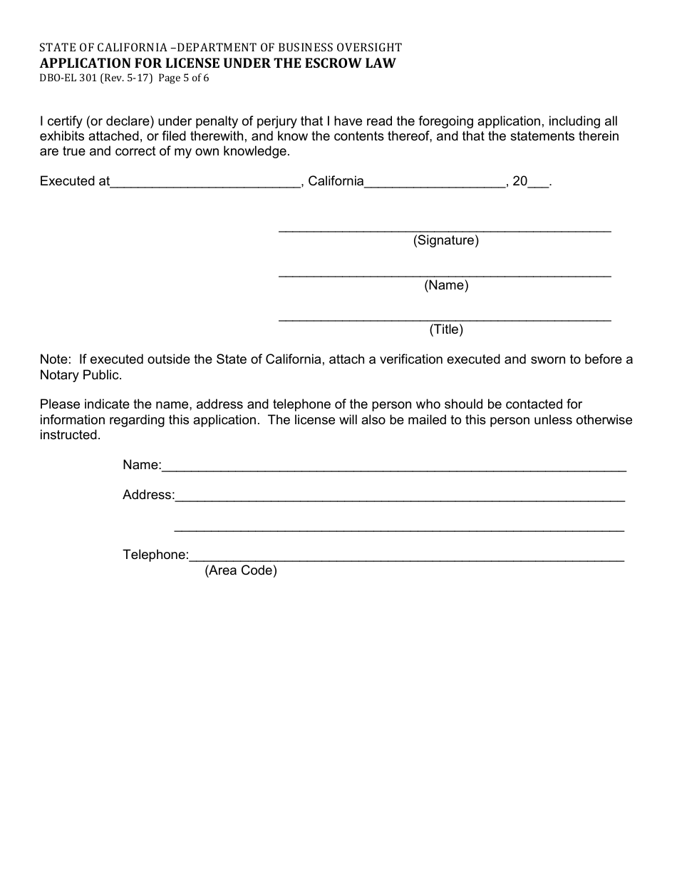 Form DBO-EL301 Application for License Under the Escrow Law - California, Page 5