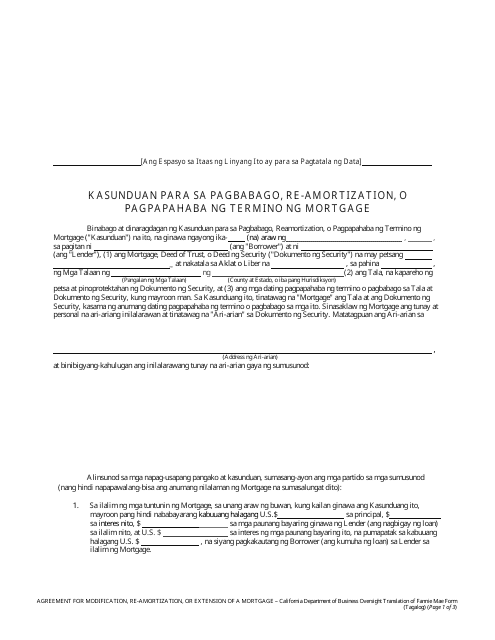 Form DBO-CRMLA8019 Agreement for Modification, Re-amortization, or Extension of a Mortgage - California (Tagalog)