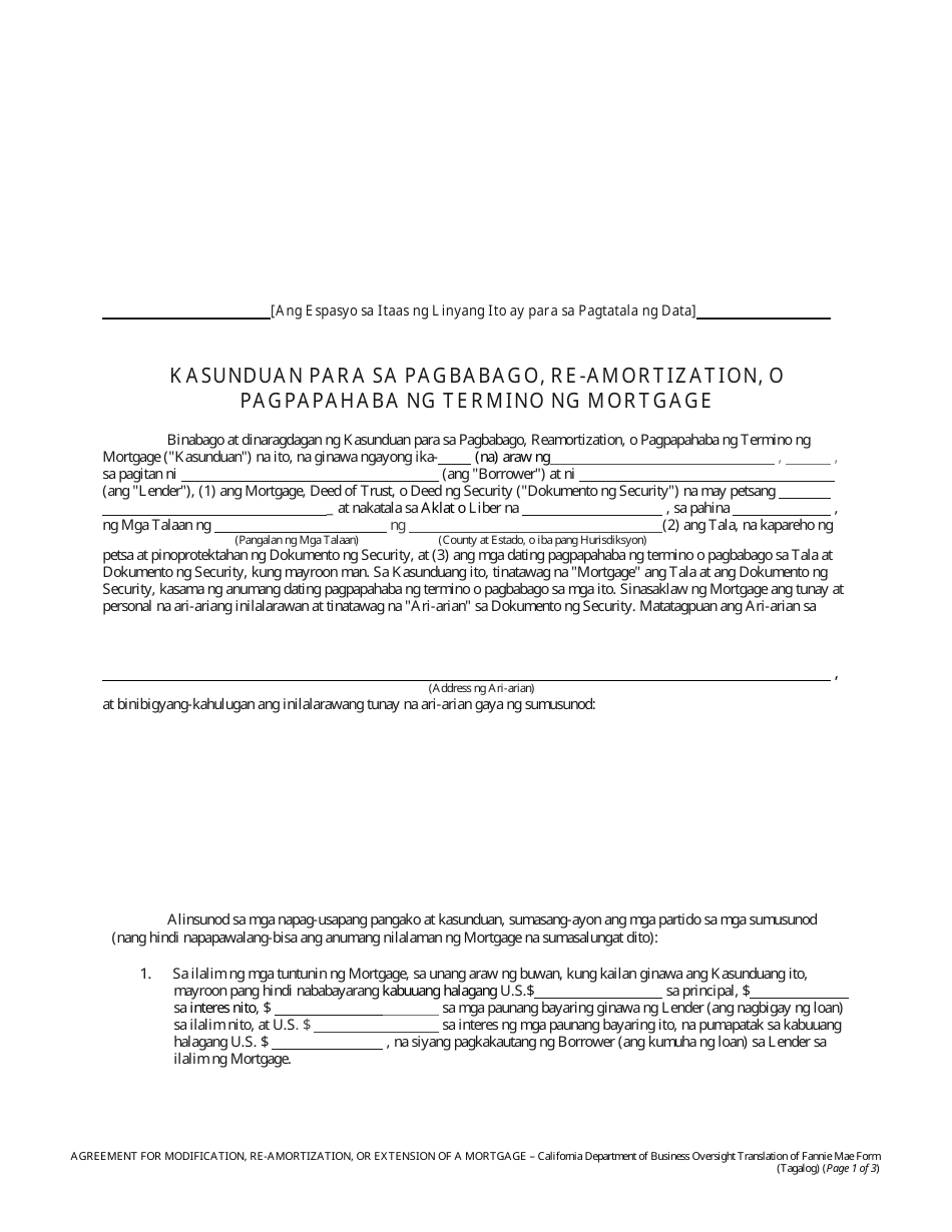 Form Dbo Crmla8019 Download Printable Pdf Or Fill Online Agreement For Modification Re Amortization Or Extension Of A Mortgage California Tagalog Templateroller