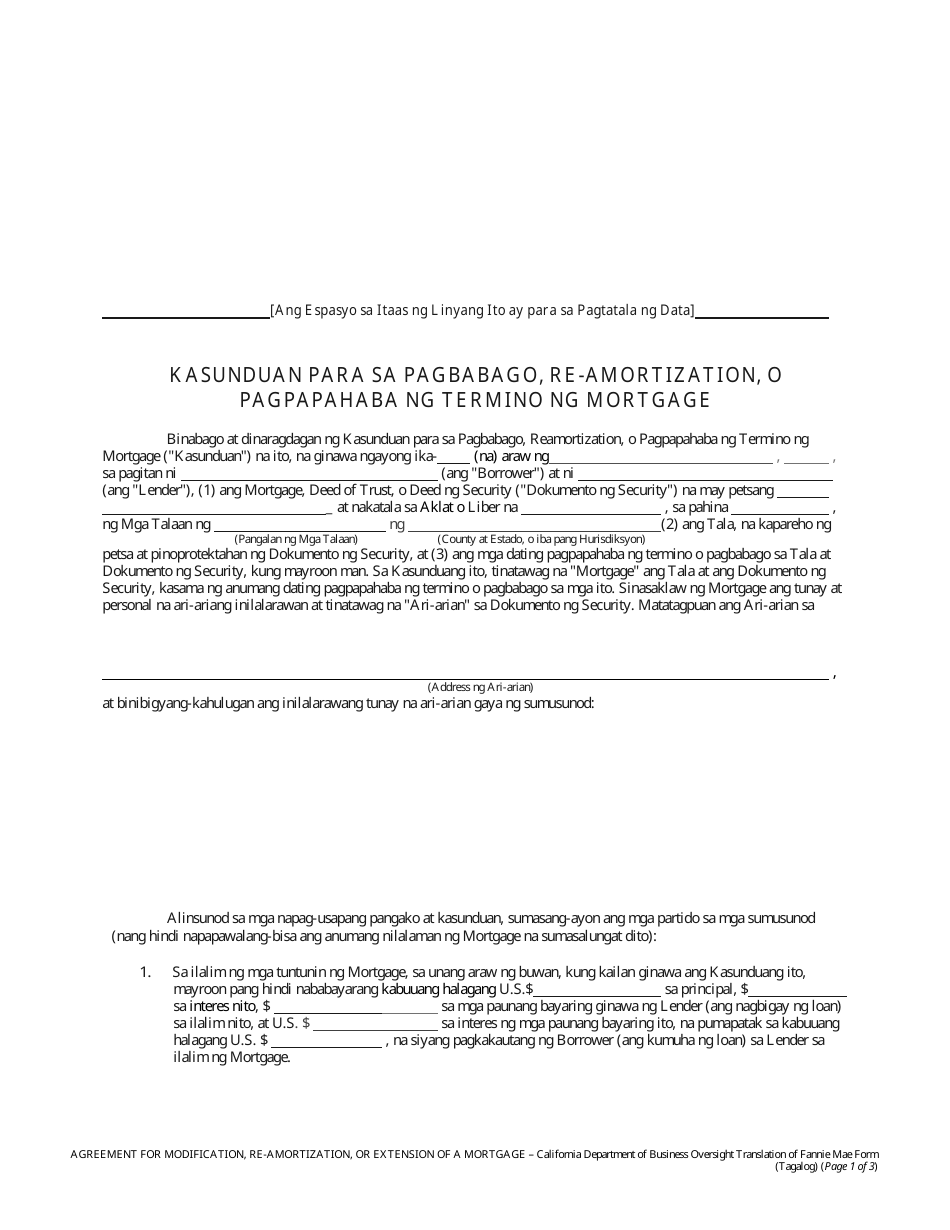 Form DBO-CRMLA8019 Agreement for Modification, Re-amortization, or Extension of a Mortgage - California (Tagalog), Page 1