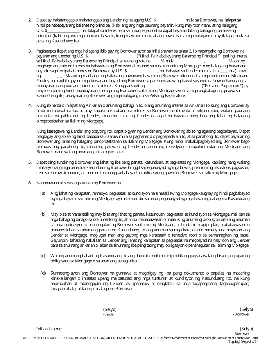 Form DBO-CRMLA8019 Agreement for Modification, Re-amortization, or Extension of a Mortgage - California (Tagalog), Page 2