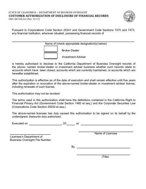 Form DBO-QR500.261 Customer Authorization of Disclosure of Financial Records - California