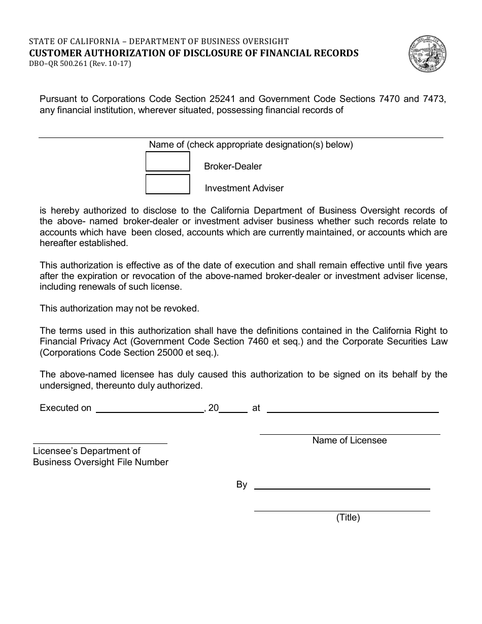 Form DBO-QR500.261 Customer Authorization of Disclosure of Financial Records - California, Page 1
