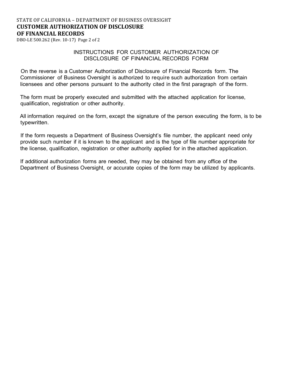 Form DBO-LE500.262 Customer Authorization of Disclosure of Financial Records - California, Page 2