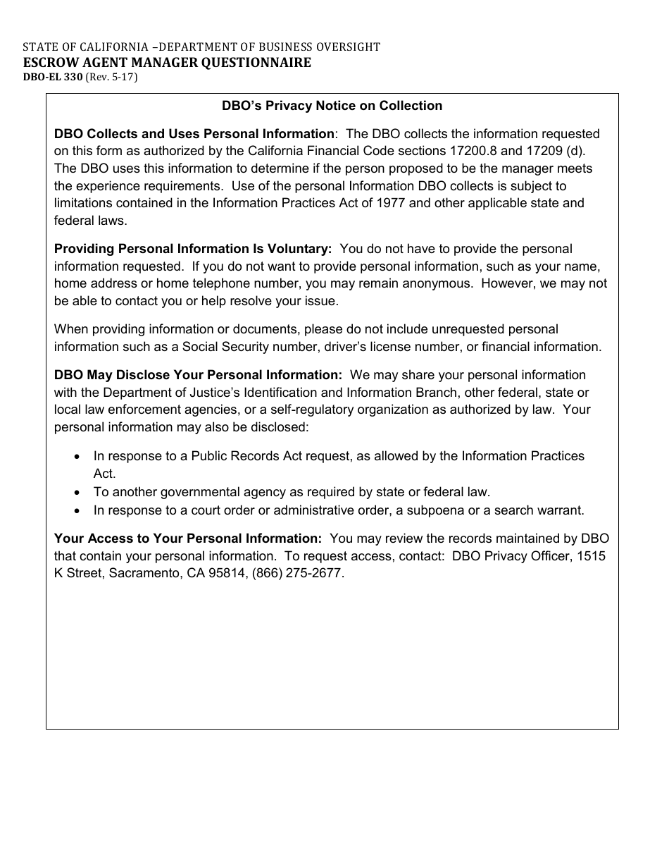 Form DBO-EL330 Escrow Agent Manager Questionnaire - California, Page 2