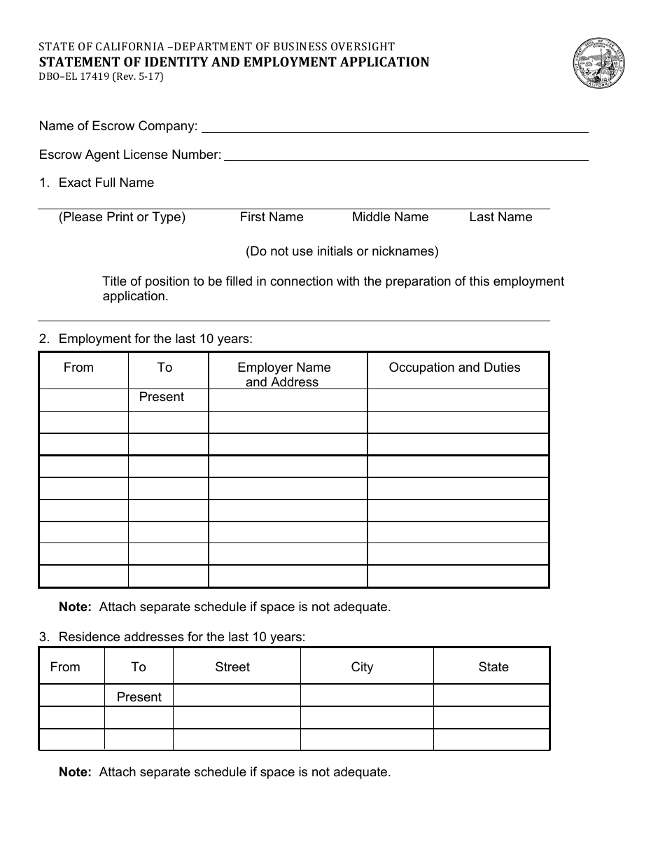 Form DBO-EL17419 Statement of Identity and Employment Application - California, Page 1