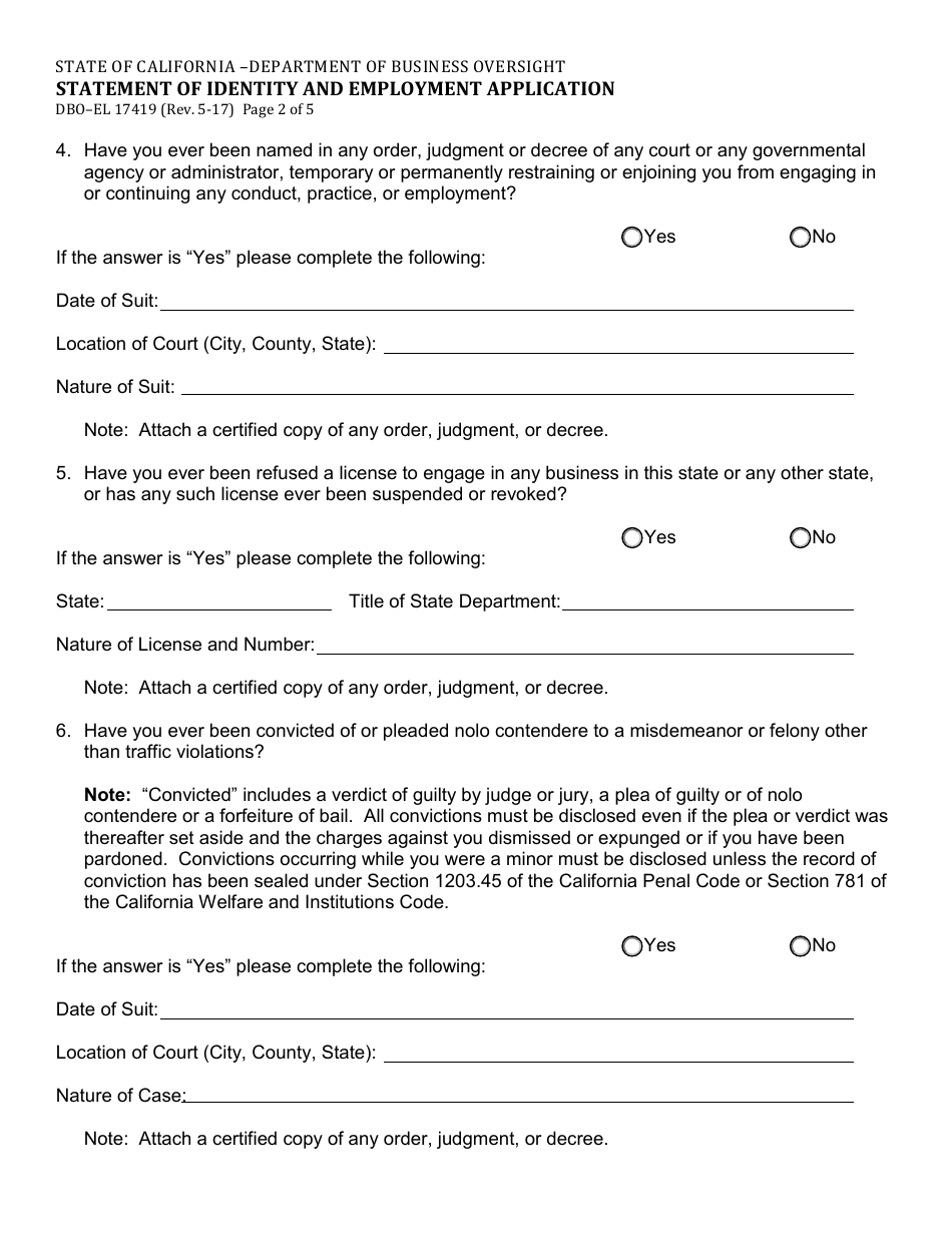 Form DBO-EL17419 Statement of Identity and Employment Application - California, Page 2