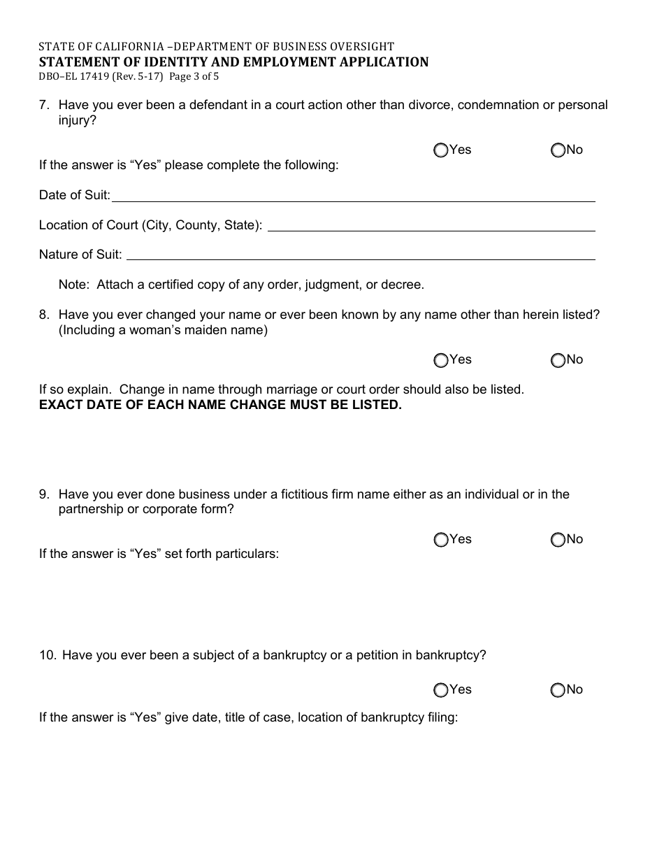 Form DBO-EL17419 Statement of Identity and Employment Application - California, Page 3