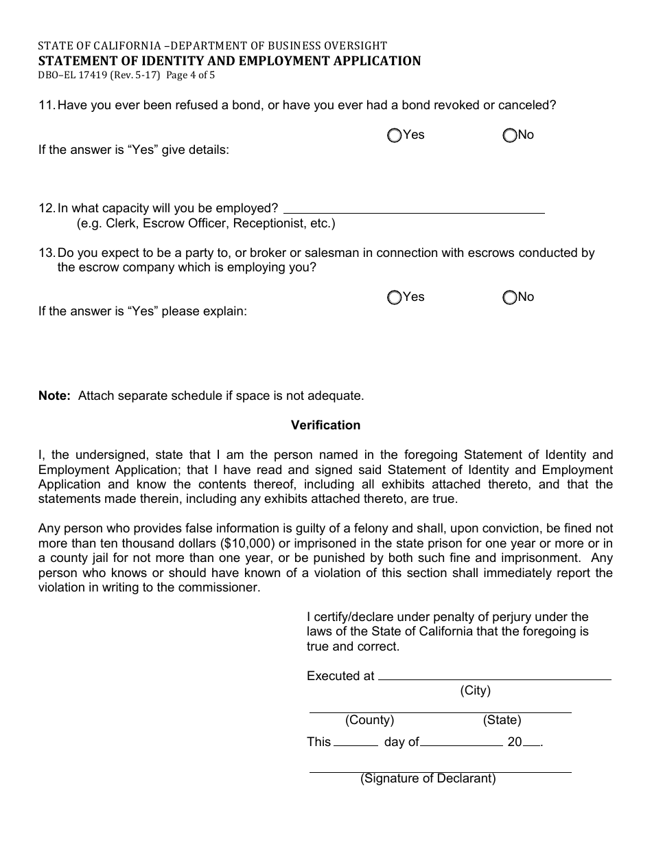 Form DBO-EL17419 Statement of Identity and Employment Application - California, Page 4
