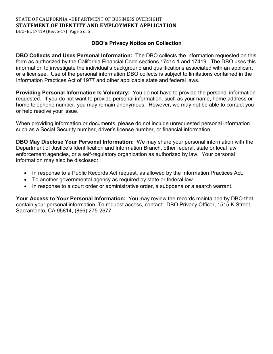 Form DBO-EL17419 Statement of Identity and Employment Application - California, Page 5