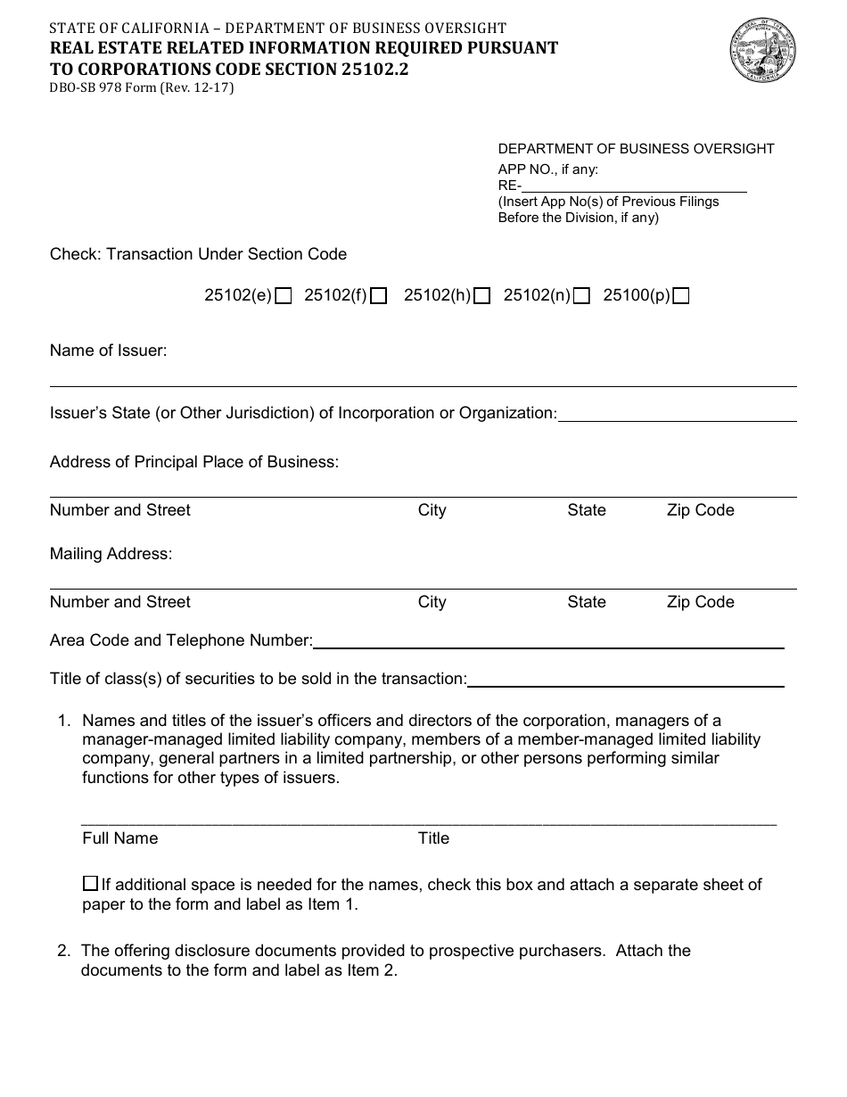 Form DBO-SB978 Real Estate Related Information Required Pursuant to Corporations Code Section 25102.2 - California, Page 1