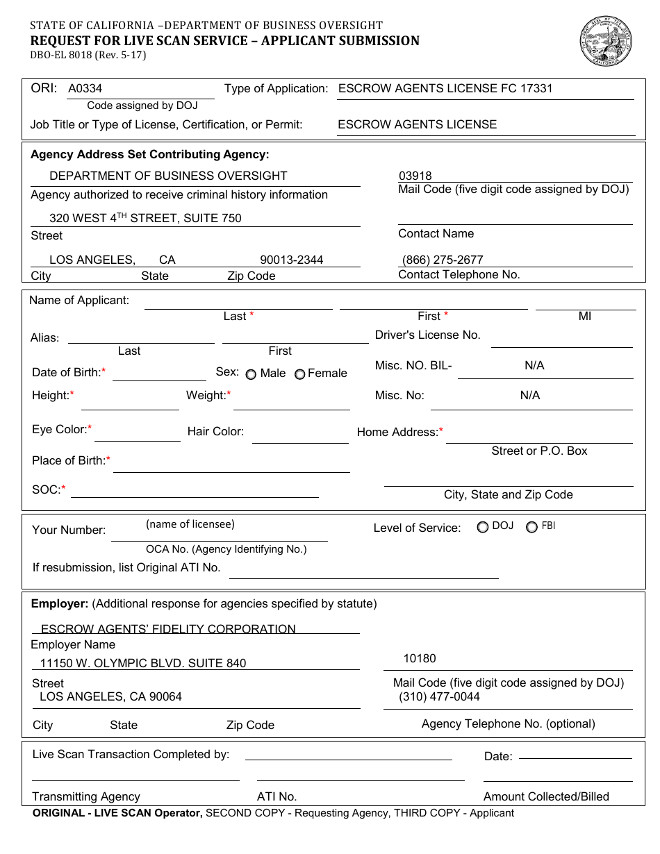 Form DBO-EL8018 Request for Live Scan Service - Applicant Submission - California, Page 1