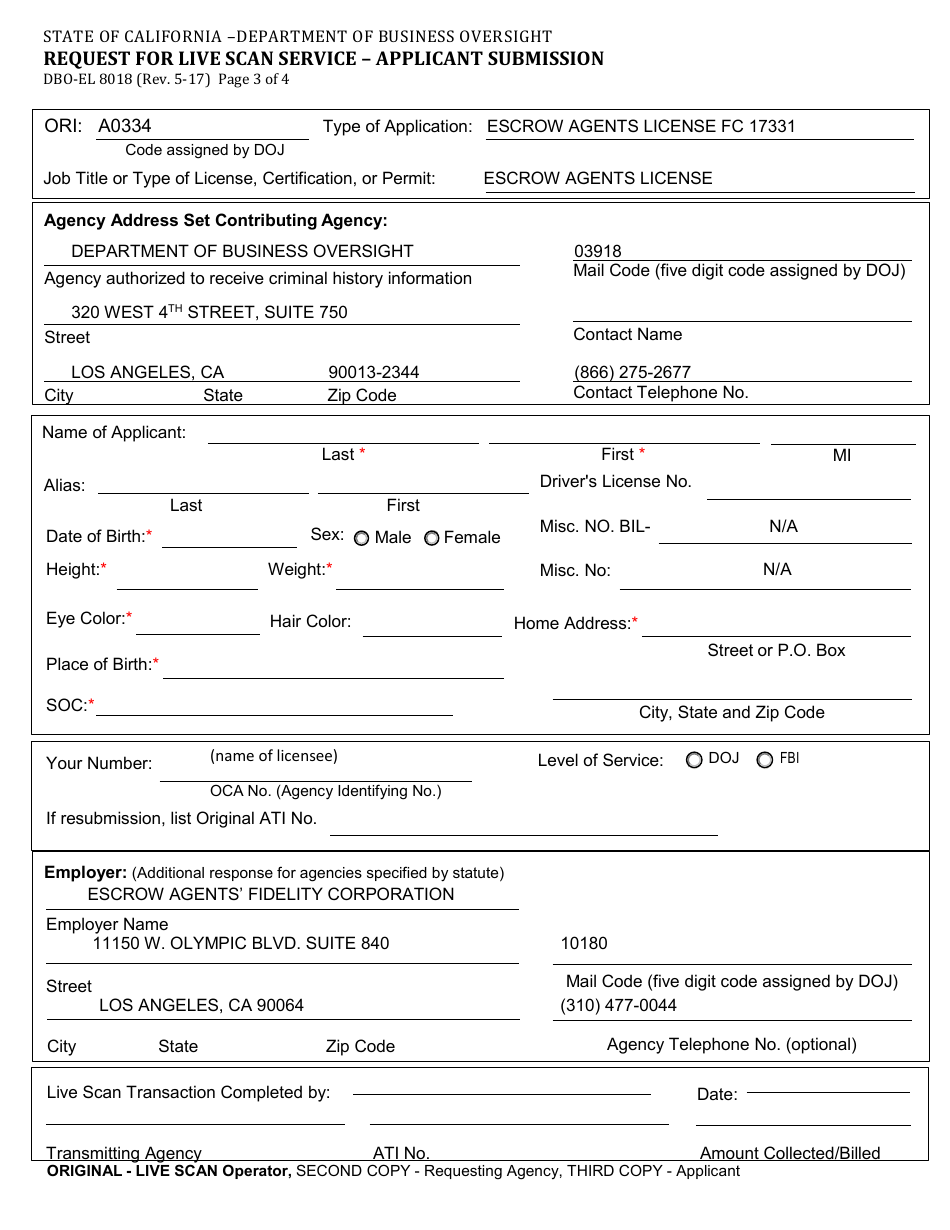 Form DBO-EL8018 Request for Live Scan Service - Applicant Submission - California, Page 3