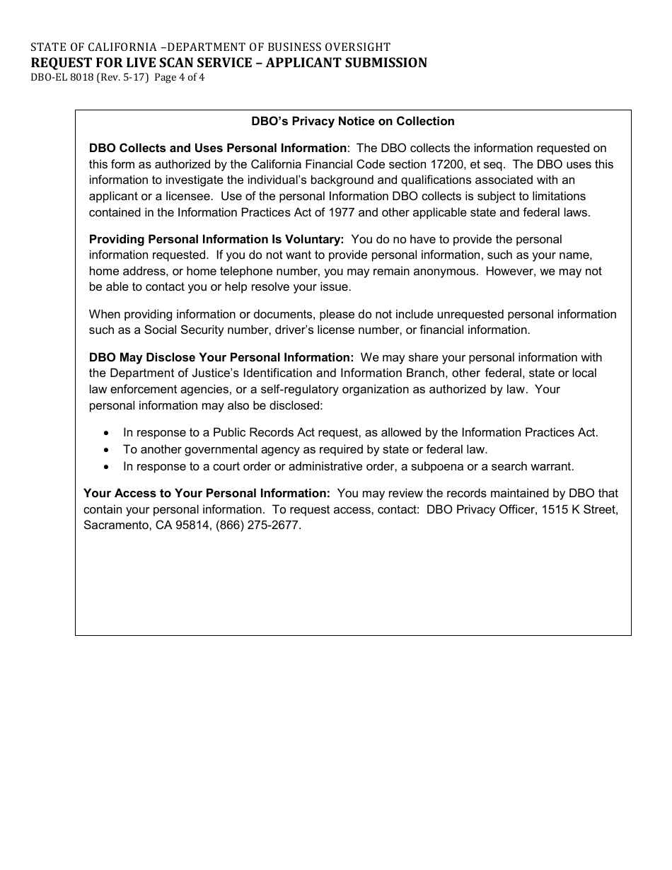 Form DBO-EL8018 Request for Live Scan Service - Applicant Submission - California, Page 4