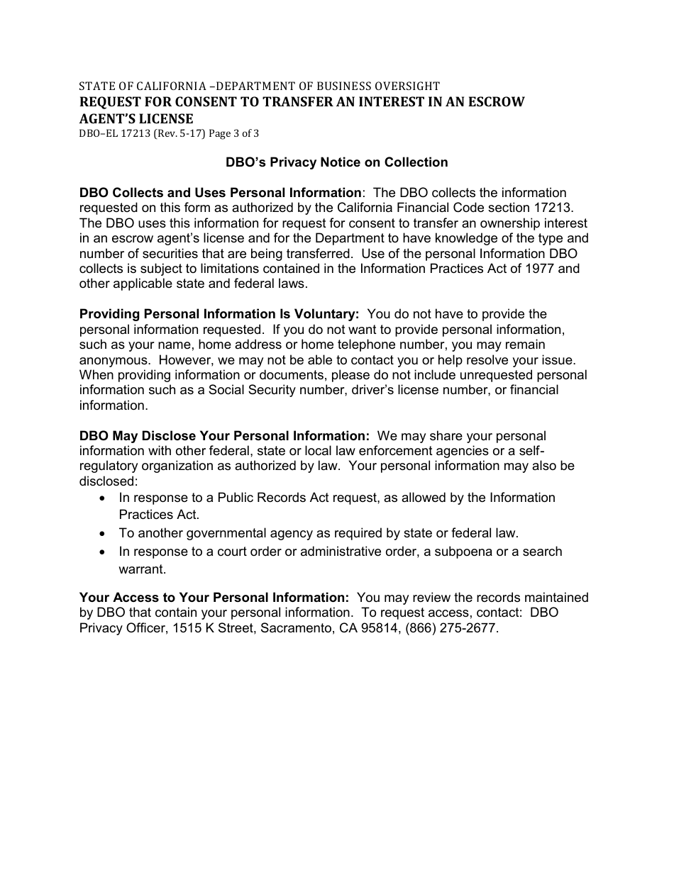 Form DBO-EL17213 Request for Consent to Transfer an Interest in an Escrow Agents License - California, Page 3