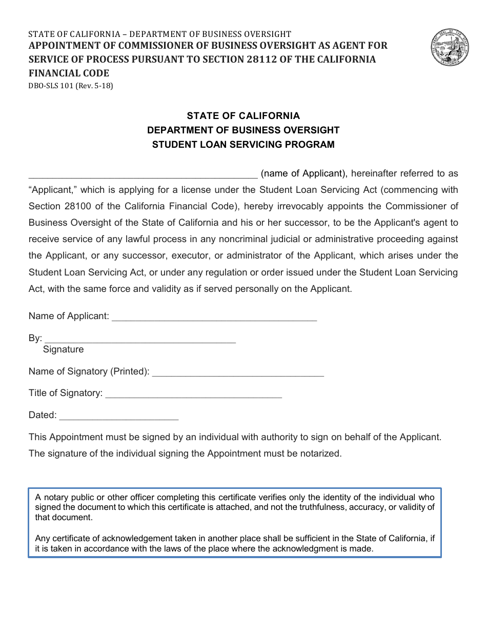 Form DBO-SLS101 Appointment of Commissioner of Business Oversight as Agent for Service of Process Pursuant to Section 28112 of the California Financial Code - California, Page 1