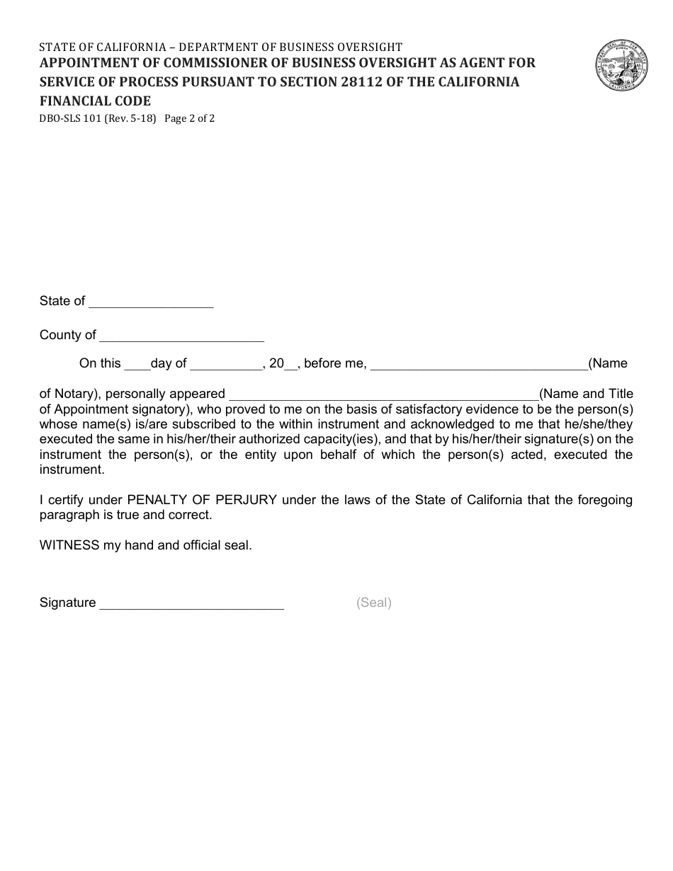 Form DBO-SLS101 Appointment of Commissioner of Business Oversight as Agent for Service of Process Pursuant to Section 28112 of the California Financial Code - California, Page 2