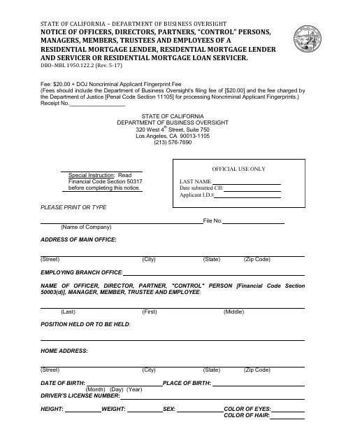 Form DBO-MBL 1950.122.2 Notice of Officers, Directors, Partners, "control" Persons, Managers, Members, Trustees and Employees of a Residential Mortgage Lender, Residential Mortgage Lender and Servicer or Residential Mortgage Loan Servicer - California