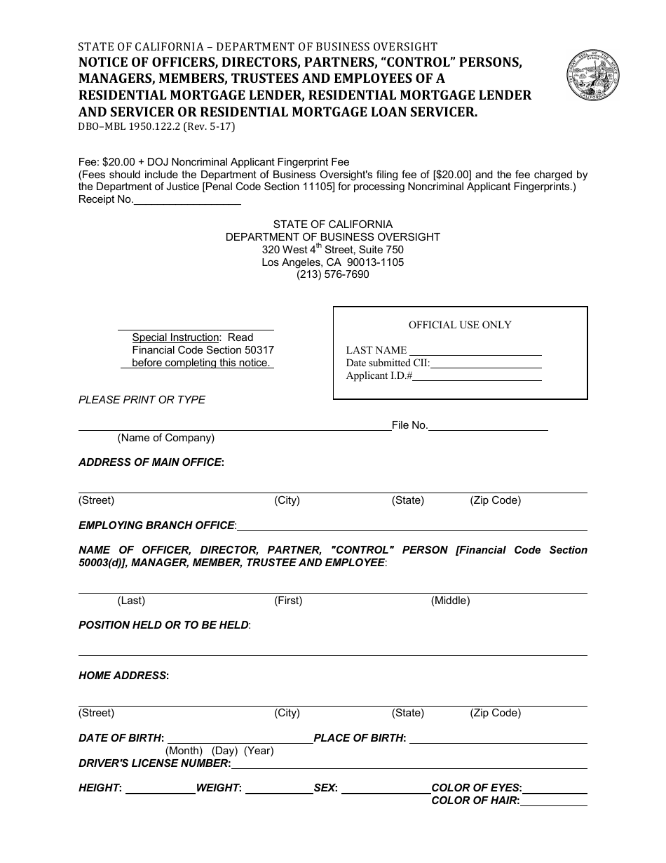 Form DBO-MBL 1950.122.2 Notice of Officers, Directors, Partners, control Persons, Managers, Members, Trustees and Employees of a Residential Mortgage Lender, Residential Mortgage Lender and Servicer or Residential Mortgage Loan Servicer - California, Page 1