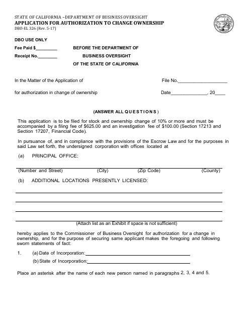 Form DBO-EL326 Application for Authorization to Change Ownership - California