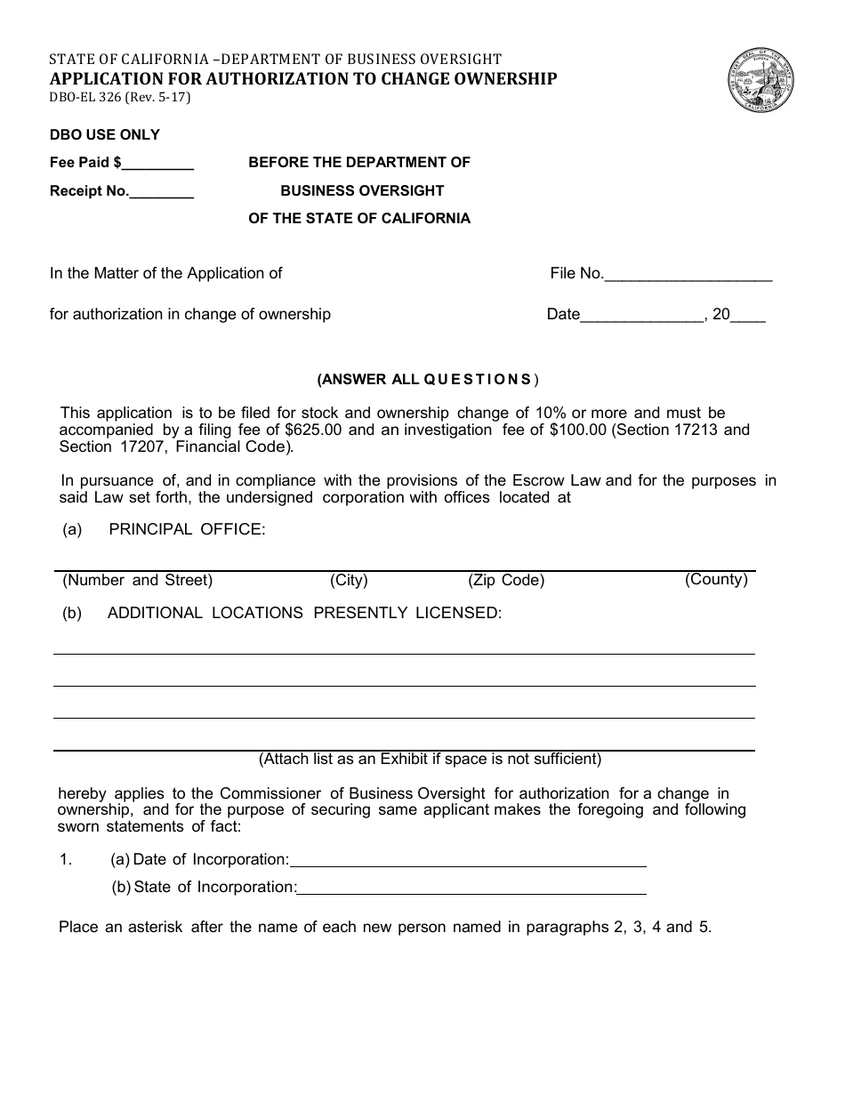 Form DBO-EL326 Application for Authorization to Change Ownership - California, Page 1