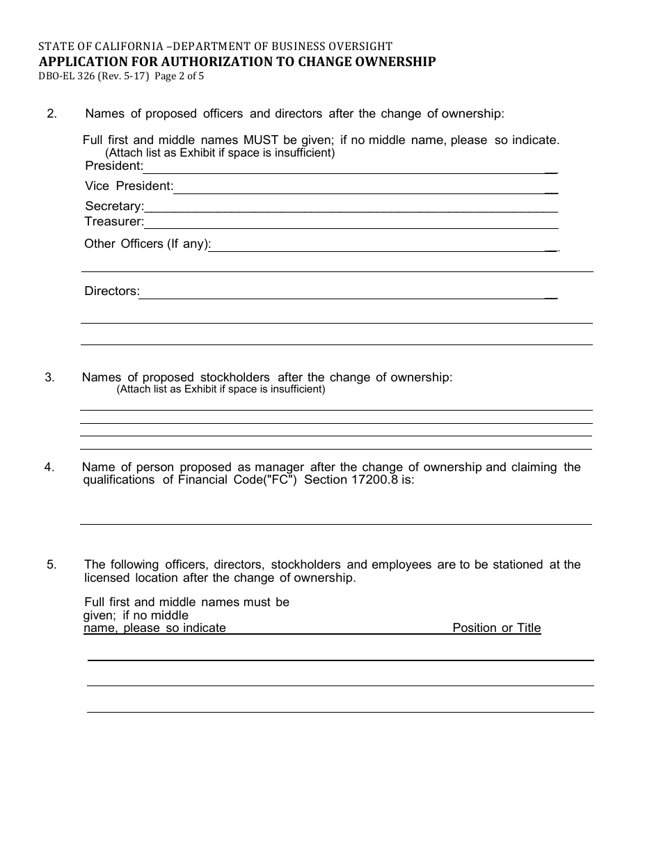 Form DBO-EL326 Application for Authorization to Change Ownership - California, Page 2