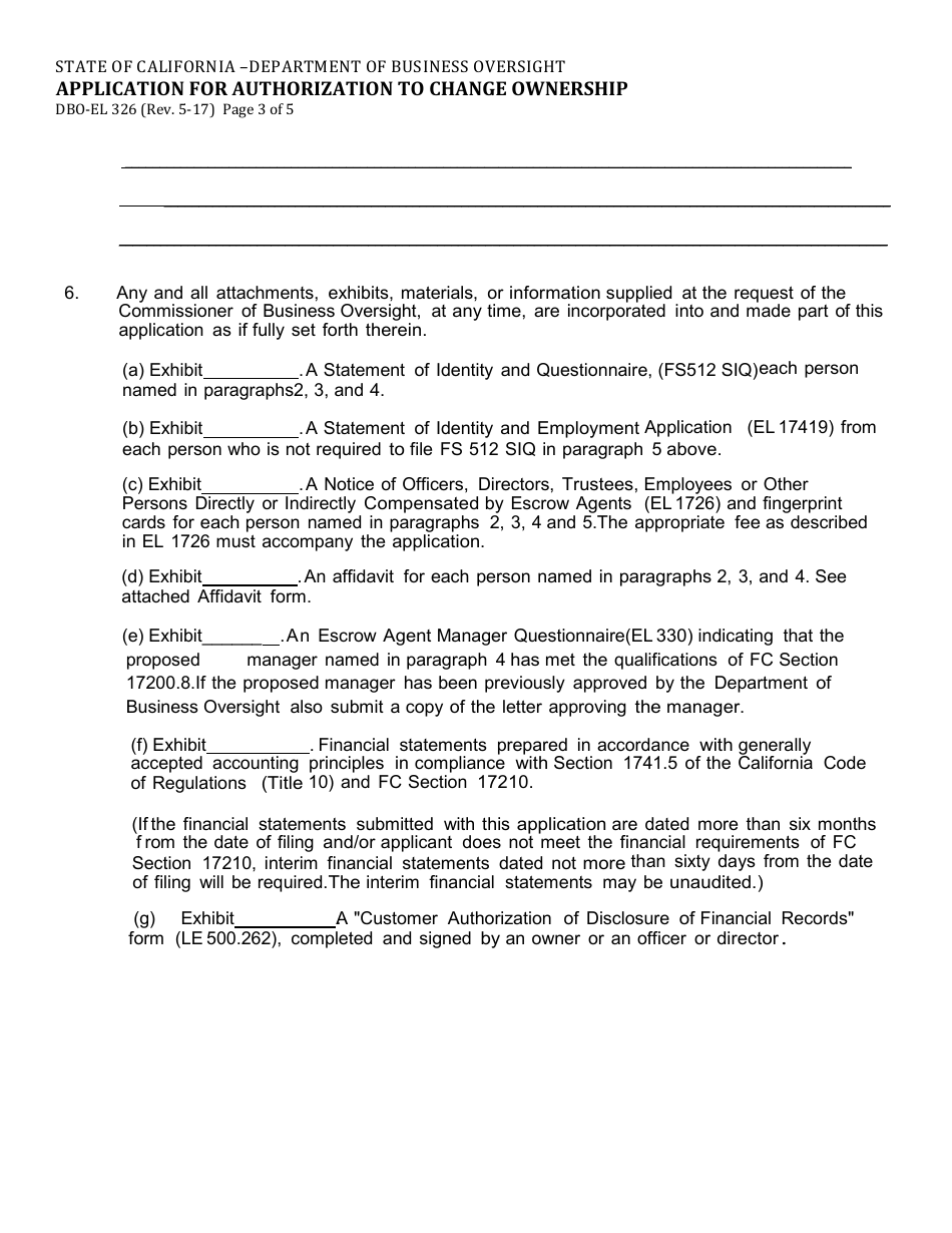 Form DBO-EL326 Application for Authorization to Change Ownership - California, Page 3