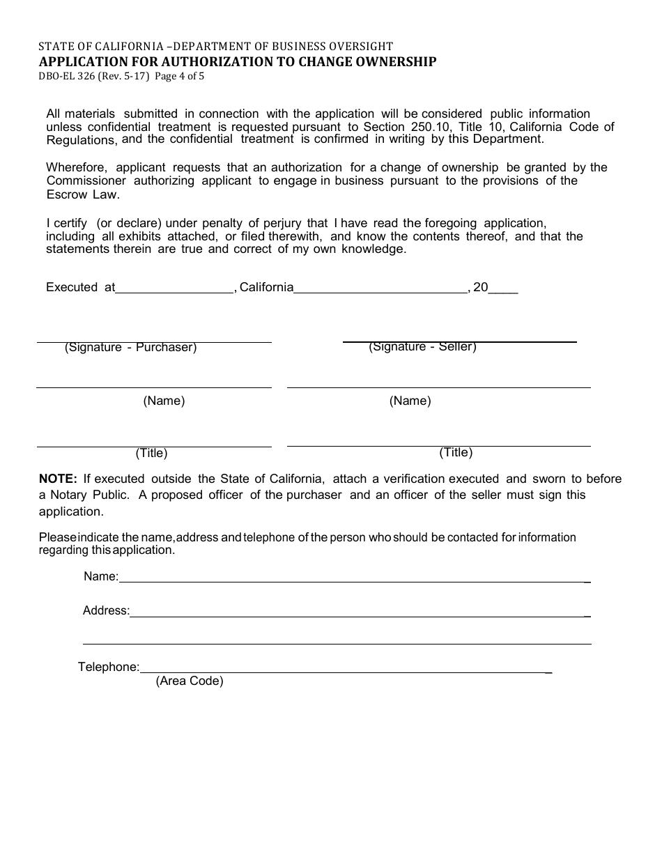 Form DBO-EL326 Application for Authorization to Change Ownership - California, Page 4