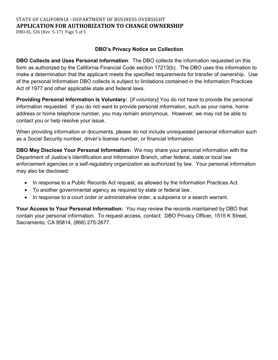 Form DBO-EL326 Application for Authorization to Change Ownership - California, Page 5