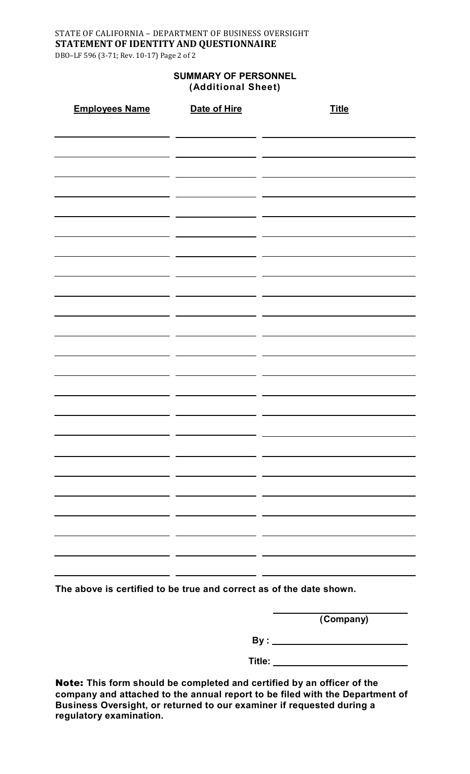 Form DBO-LF596 Summary of Personnel - California, Page 2