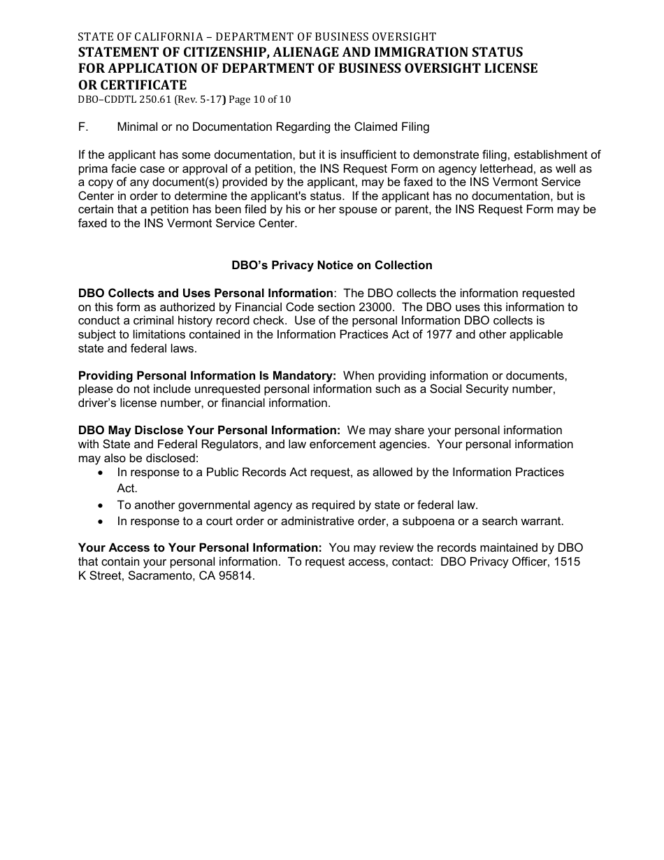 Form DBO-CDDTL250.61 Statement of Citizenship, Alienage and Immigration Status for Application of Department of Business Oversight License or Certificate - California, Page 10