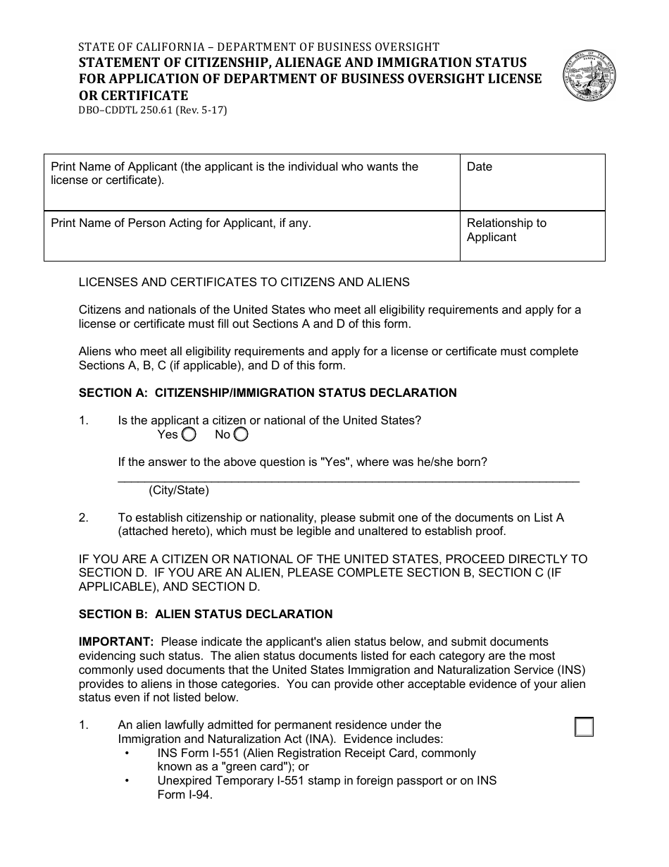 Form DBO-CDDTL250.61 Statement of Citizenship, Alienage and Immigration Status for Application of Department of Business Oversight License or Certificate - California, Page 1