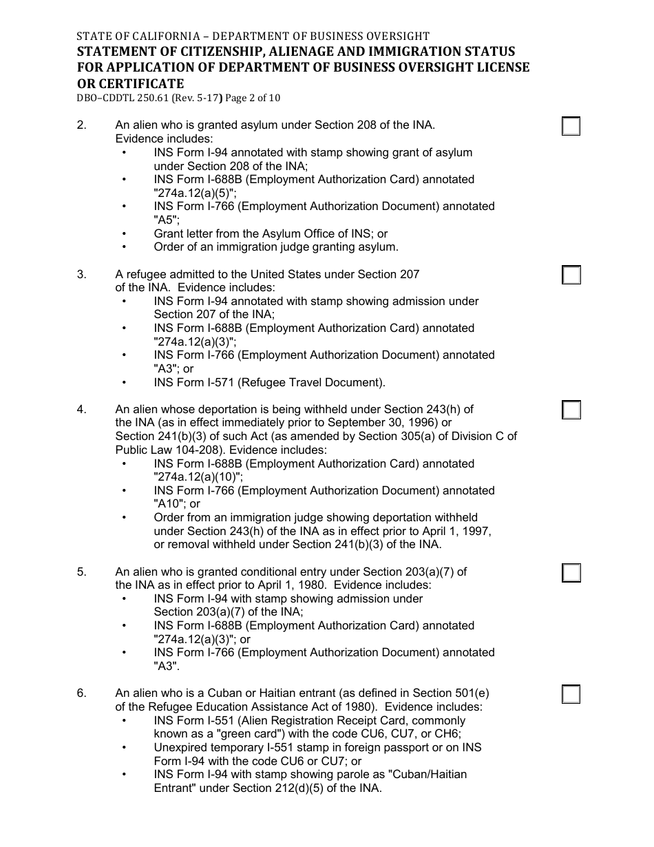 Form DBO-CDDTL250.61 Statement of Citizenship, Alienage and Immigration Status for Application of Department of Business Oversight License or Certificate - California, Page 2