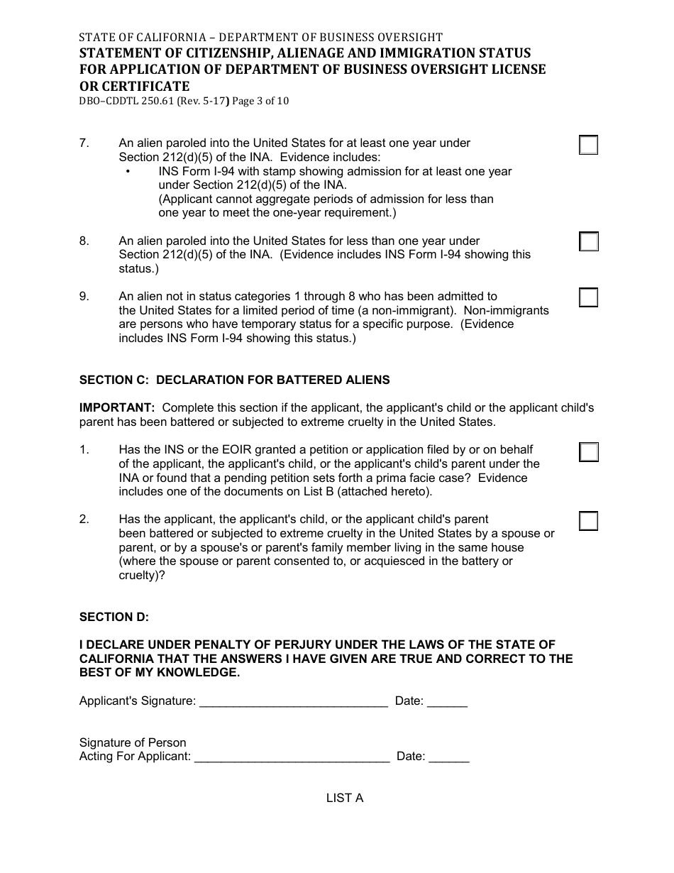 Form DBO-CDDTL250.61 Statement of Citizenship, Alienage and Immigration Status for Application of Department of Business Oversight License or Certificate - California, Page 3