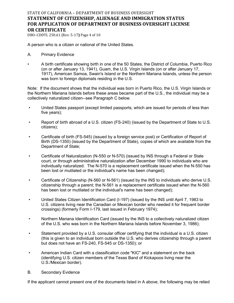 Form DBO-CDDTL250.61 Statement of Citizenship, Alienage and Immigration Status for Application of Department of Business Oversight License or Certificate - California, Page 4