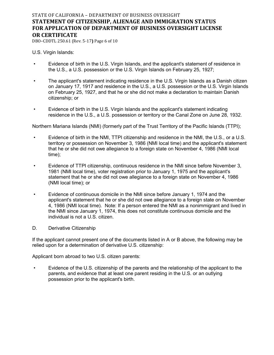 Form DBO-CDDTL250.61 Statement of Citizenship, Alienage and Immigration Status for Application of Department of Business Oversight License or Certificate - California, Page 6