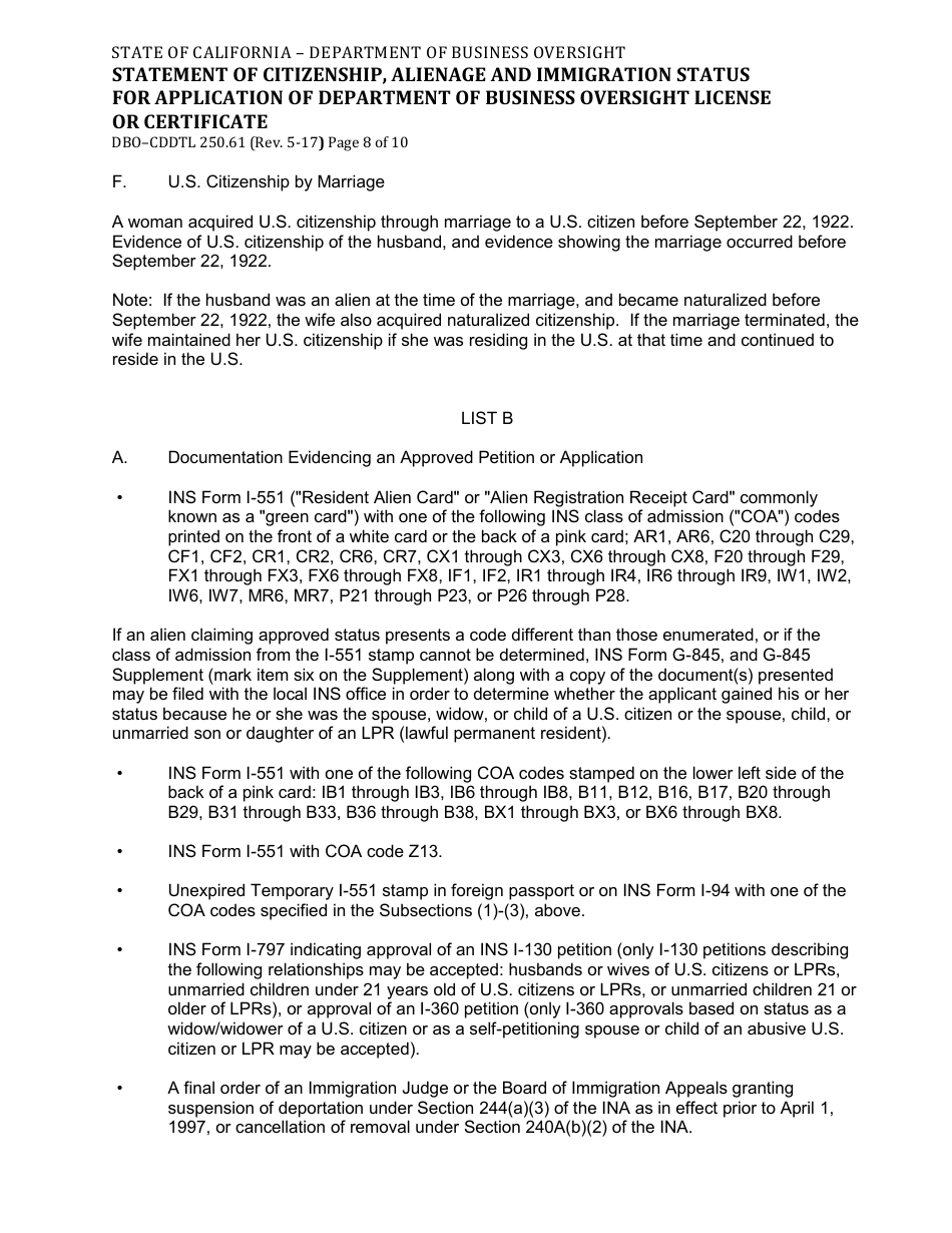 Form DBO-CDDTL250.61 Statement of Citizenship, Alienage and Immigration Status for Application of Department of Business Oversight License or Certificate - California, Page 8