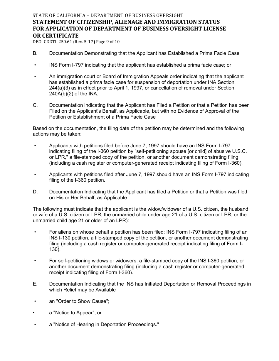Form DBO-CDDTL250.61 Statement of Citizenship, Alienage and Immigration Status for Application of Department of Business Oversight License or Certificate - California, Page 9