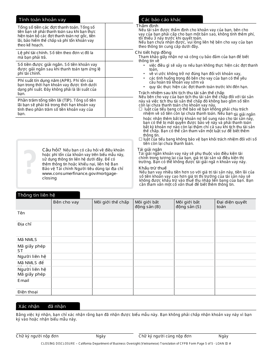 Closing Disclosure Form - California (Vietnamese), Page 5
