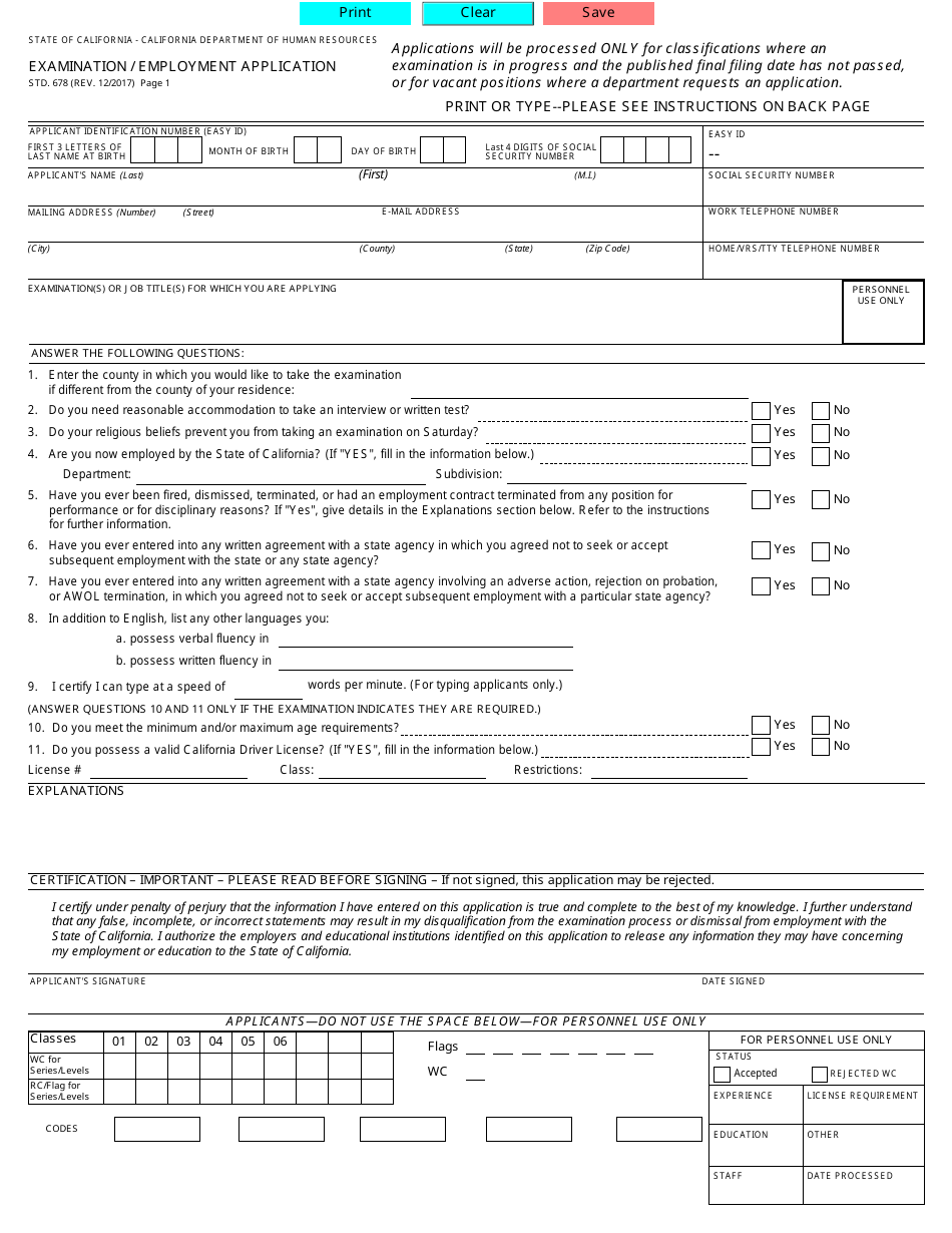 Form STD.678 Examination / Employment Application - California, Page 1