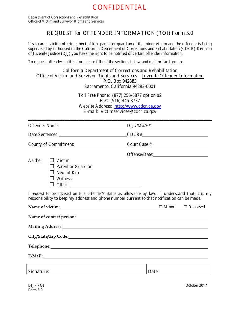 Form 5.0 Request for Offender Information (Roi) - California, Page 1