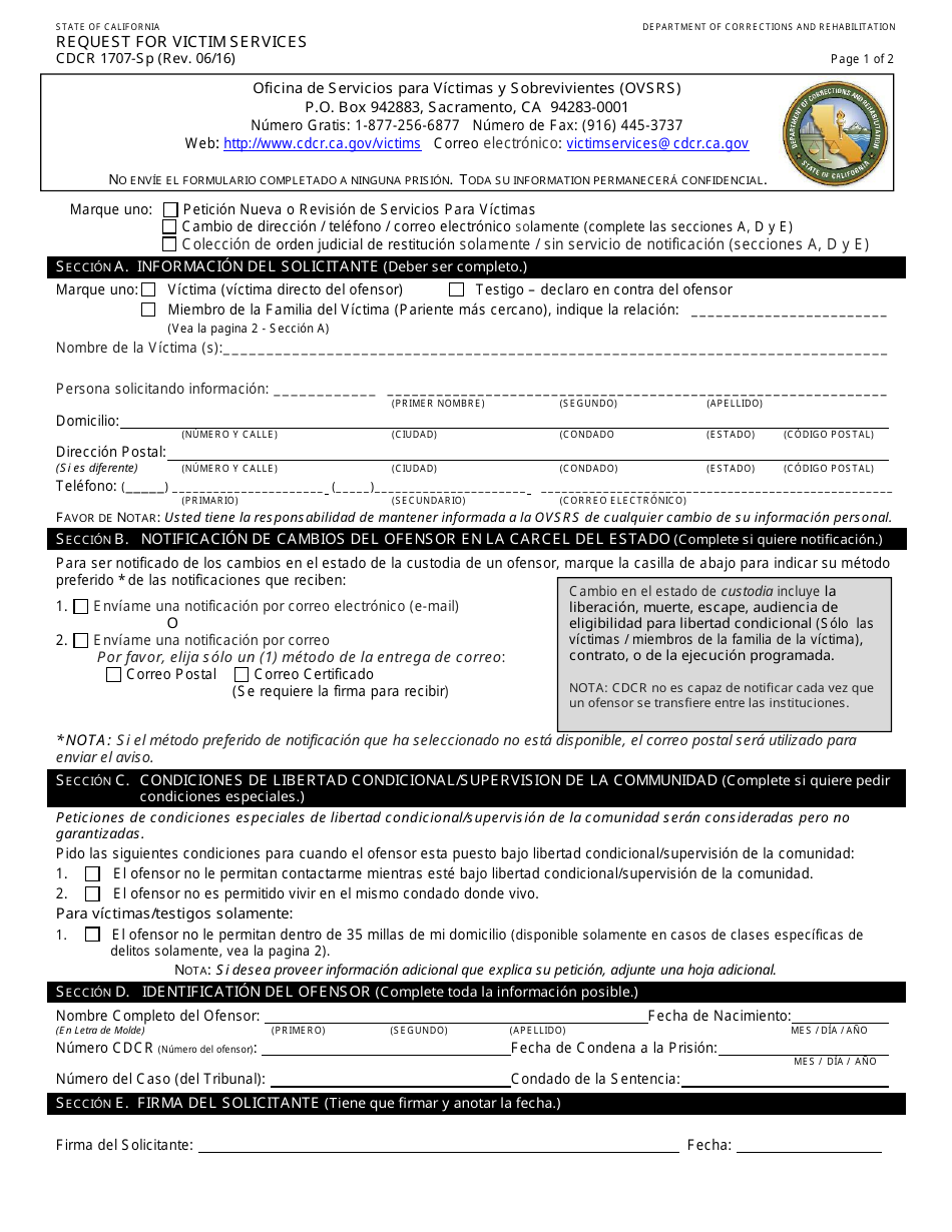 Formulario CDCR1707-SP Request for Victim Services - California (Spanish), Page 1