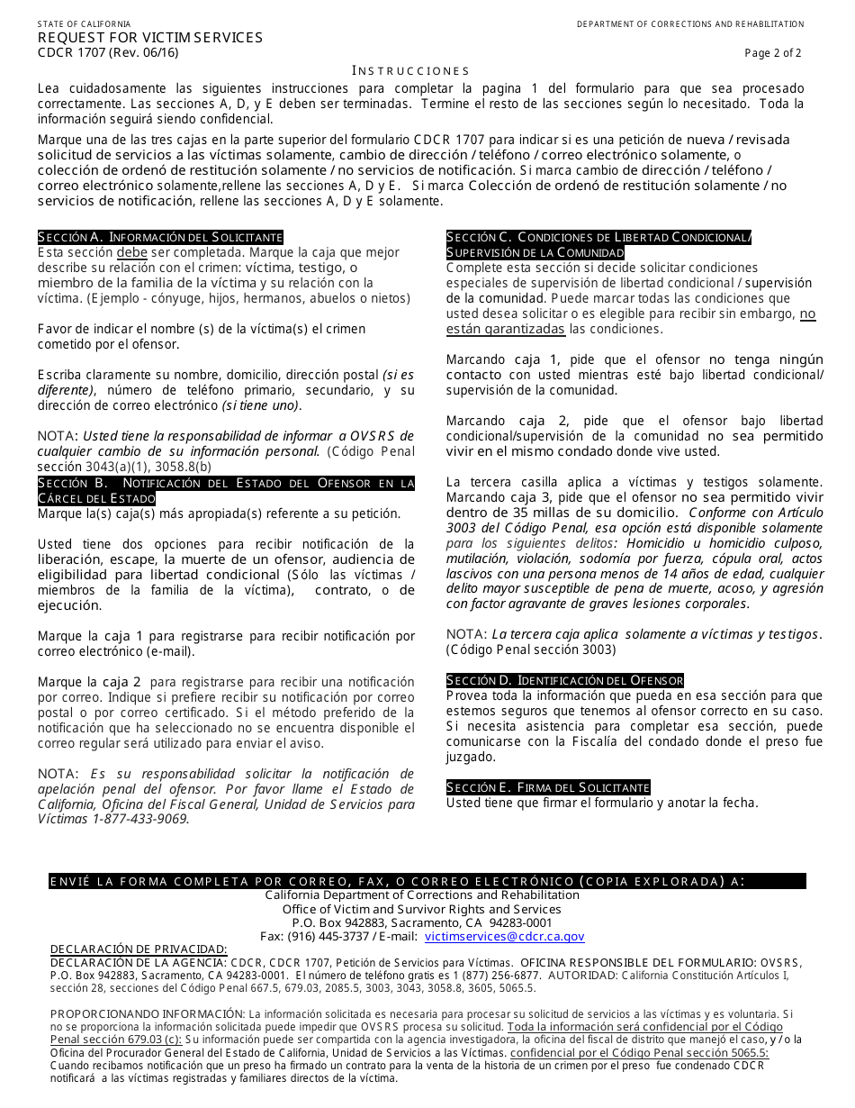 Formulario CDCR1707-SP Request for Victim Services - California (Spanish), Page 2